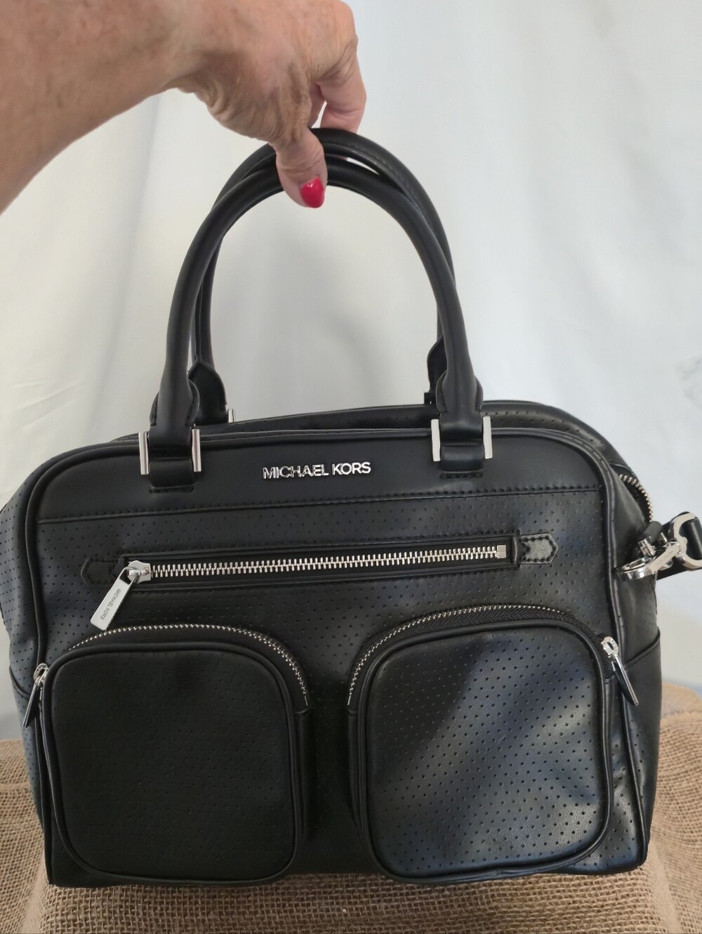 Michael Kors Black Perforated Leather Satchel with Dual Front Pockets